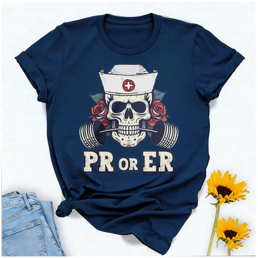 PR or ER Funny Pump Cover Shirt Weightlifting Gym Street Fashion Clothes Fitness Lover Gifts Nurse Skeleton Graphic T Shirts