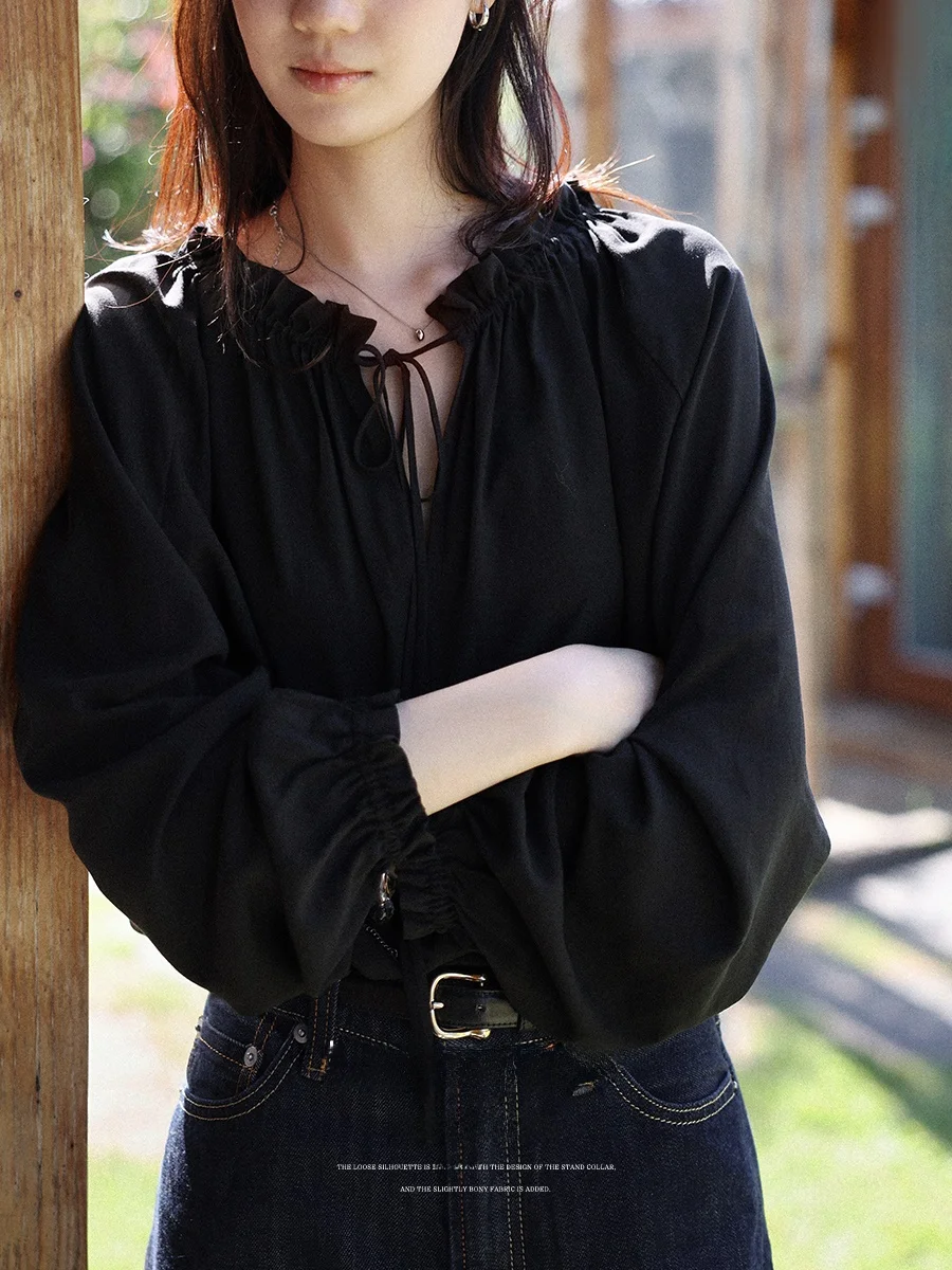 

Lalaglow Anne Diary Slimming Belted irt Women's Versatile Top Early Spring French Sle Loose Fit Gathered oulder Sve