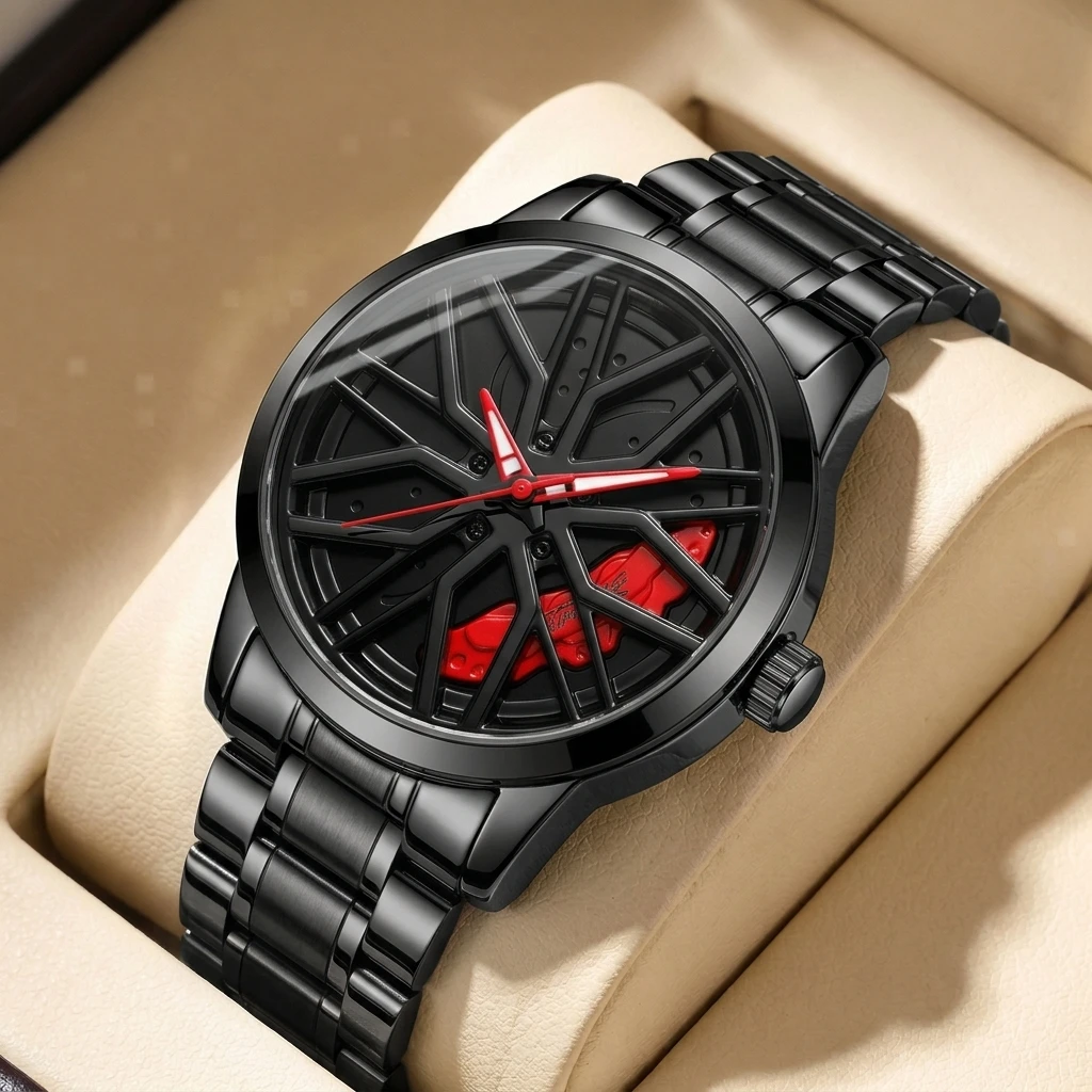 

1pcs Hub Dial Sports Watch with Black Metal Strap, Trendy and Unique with Red Accents, Simple and Elegant