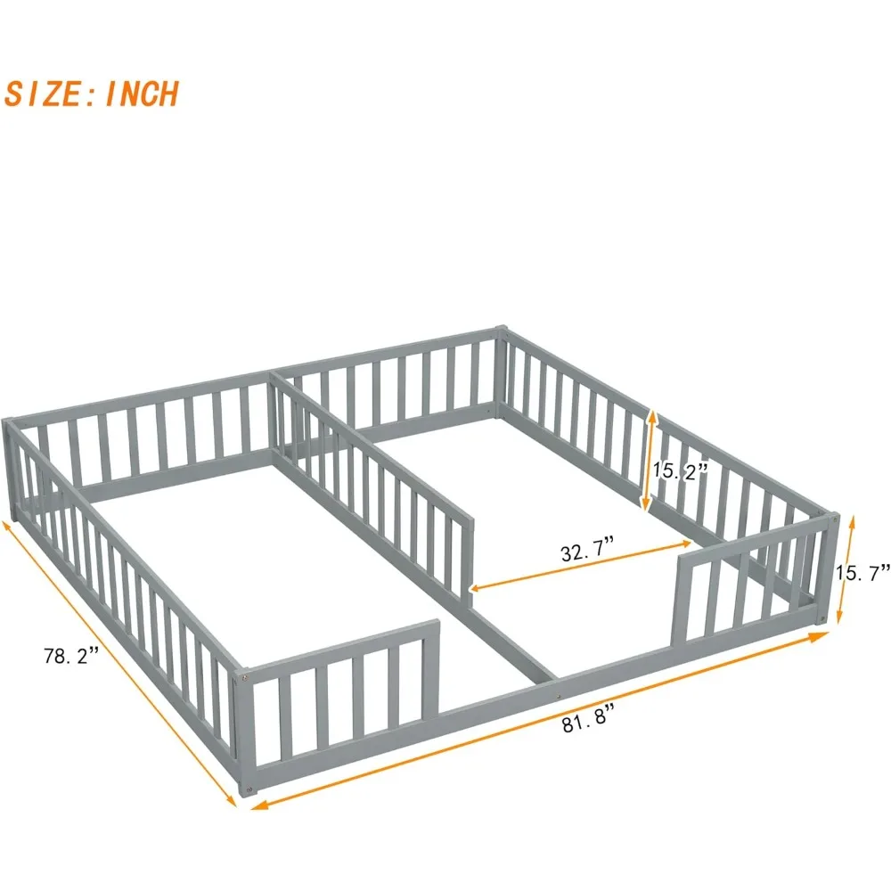 Floor Bed for 2 Kids, Montessori Bed Frame with Fence Railings,Wooden Double Twin Bed for Two Boys Girls, Box Spring Needed,Gray