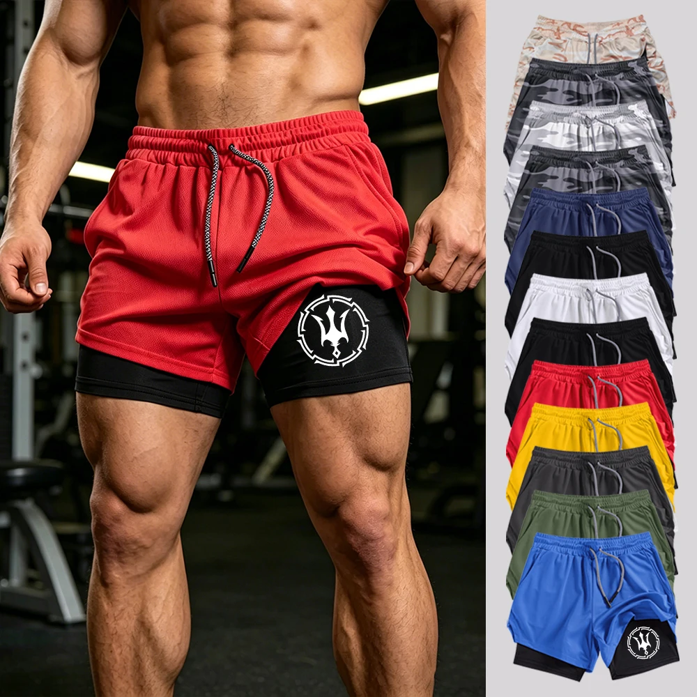 

Men's Double Layer Running Shorts Quick Dry Compression Lined Athletic Shorts with Phone Pockets Trident Symbol Graphic Print
