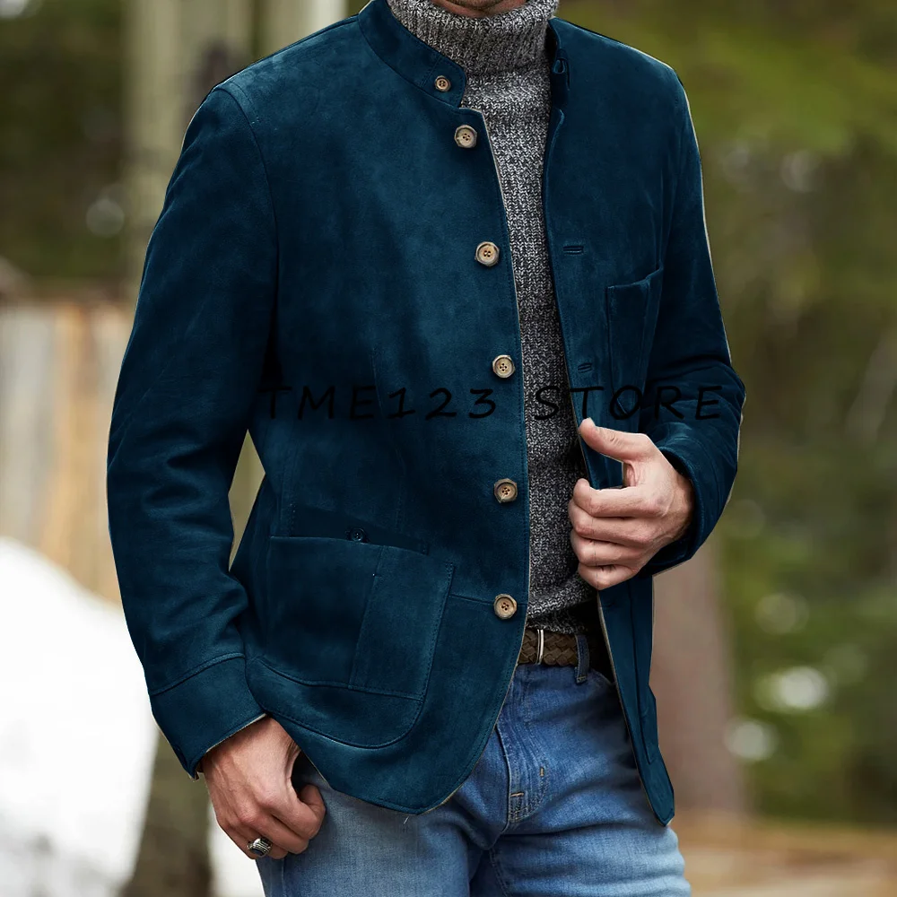 Men's Suede Jacket Simple Casual Solid Color Single Breasted French Street Style Male Coat for Men Suits High Quality Outerwear