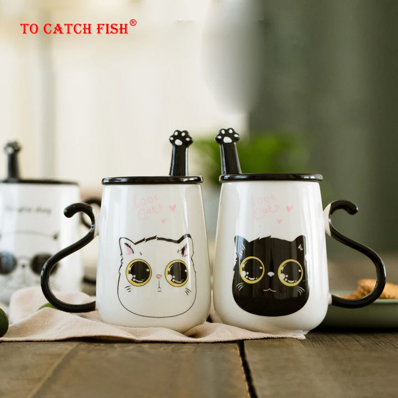 500ml Cartoon 3D Cat Ceramic Mug With Lid Spoon Coffee Cup Ceramics & Pottery Cup for Tea Cups Cute and Different Cups Drinkware