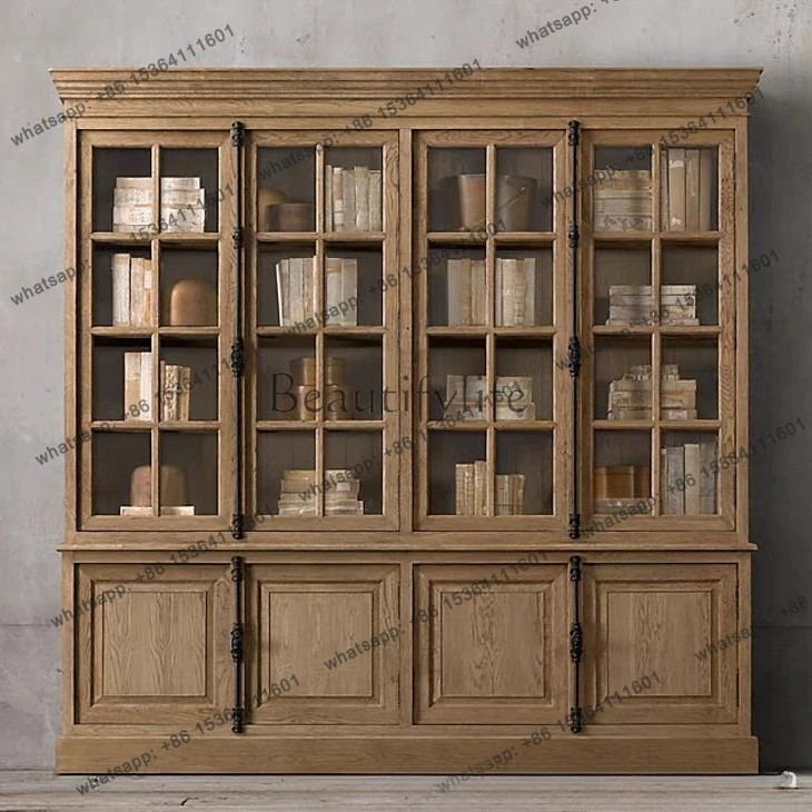 American solid wood bookcase with glass door household bookshelf dustproof floor-to-wall storage cabinet - view 2
