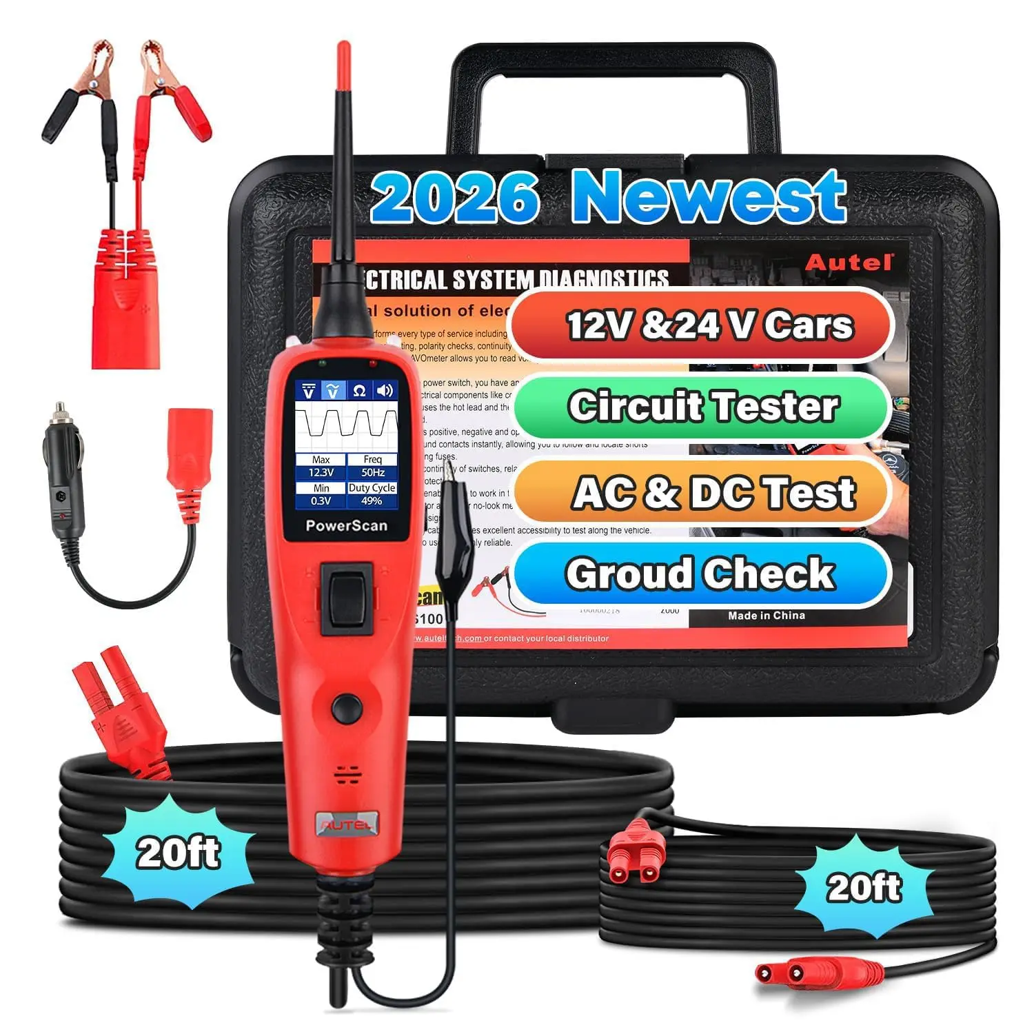 Autel PowerScan PS100 Kfz-Stromkreisprüfer, Stromkreis-Sonde, 12-24V, für Kurzschlüsse, Unterbrechungen, Stromkreisfinder, AC/DC Strom, Widerstand, Lastzyklus & 20FT Verlängerungskabel für 99% aller