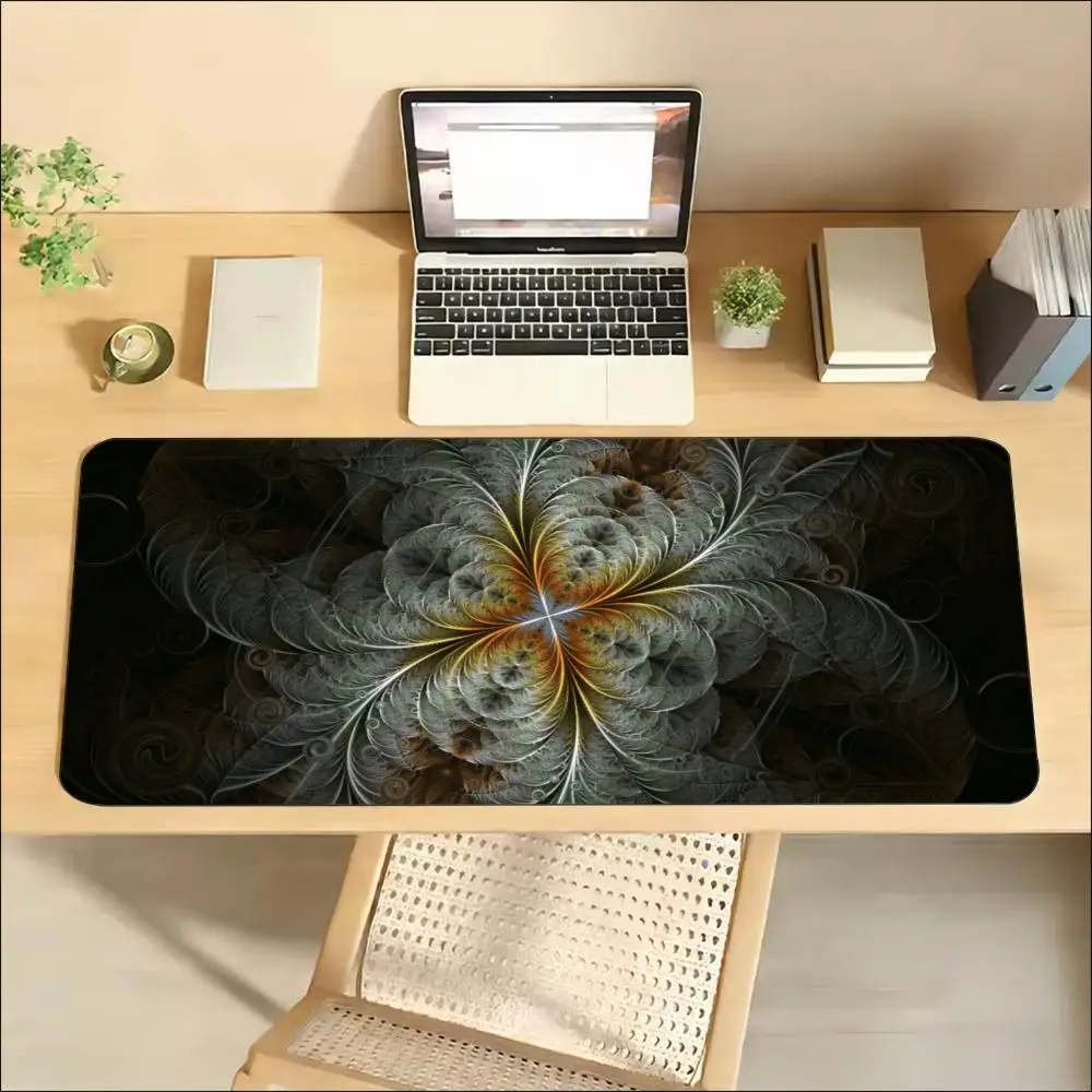 Teal Green Fractal Flower Glowing Particles Dreamy Bokeh Gaming Mouse Pad XXL Non-Slip Rubber Base Smooth Surface Vibes