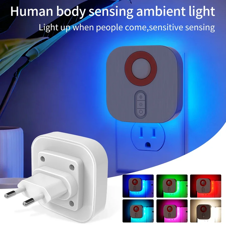 

RGB Color Ambient Wall Lamp LED Night Light with EU Socket Motion Sensor for Bedroom Staircase Toilet Corridor Bathroom Study