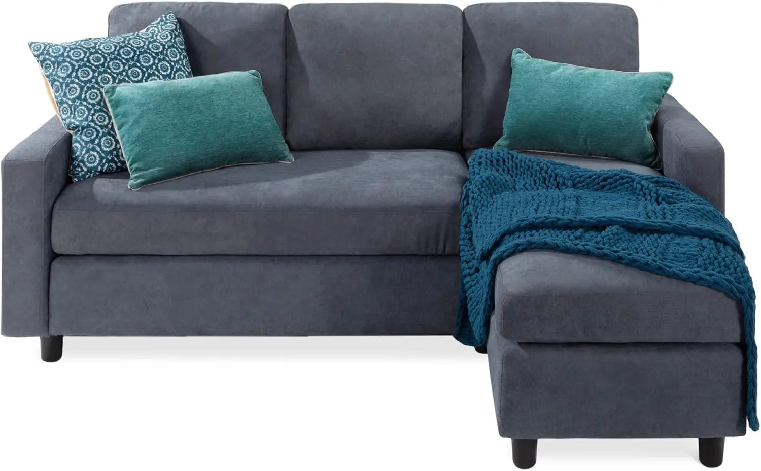 Upholstered Sectional Sofa for Home, Apartment, Dorm, Bonus Room, Compact Spaces w/Chaise Lounge,  Blue/Gray