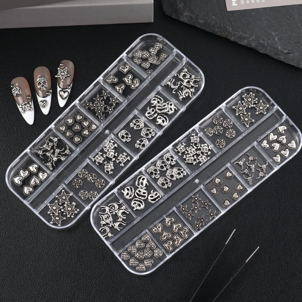 1Box Vintage Gothic Nail Charms Silver Alloy Skull Star Moon Heart Nail Studs Punk Nail Decor for Halloween Nail Art DIY Salon *