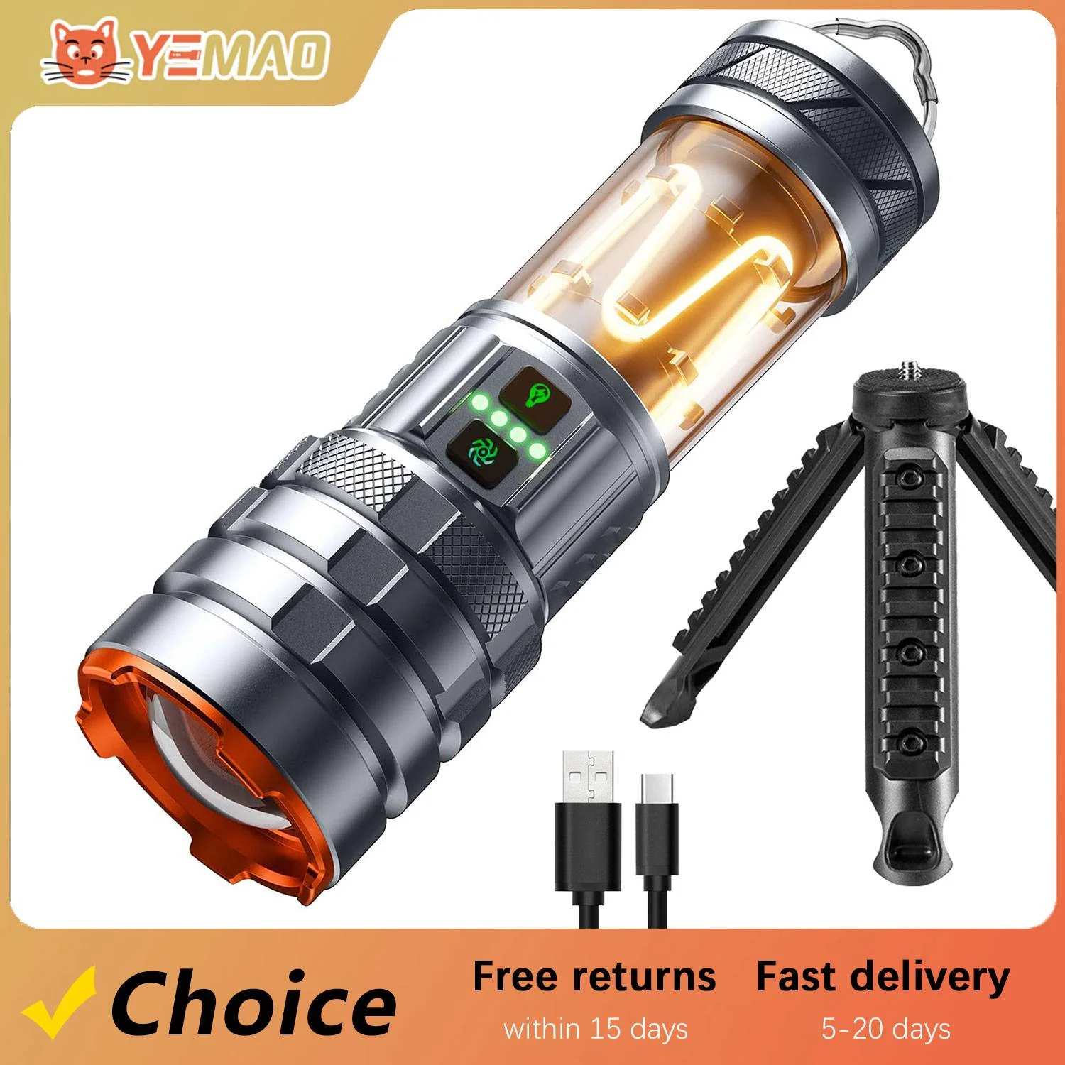 

Portable High Strong Power Flashlight LED＋COB Rechargeable Double Lamp Telescopic Zoom Camping Torch For Hiking Camping Fishing