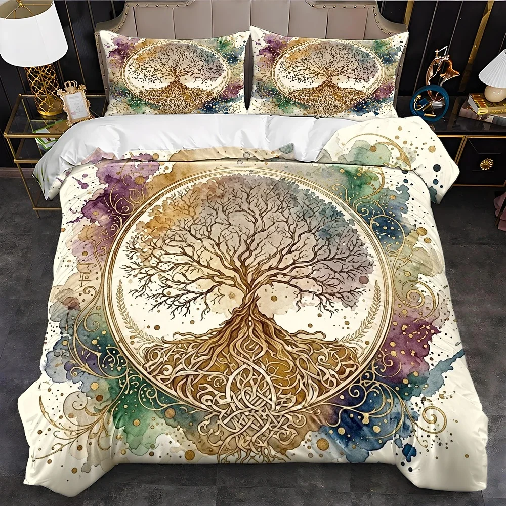 3Pc Tree of Life Artistic Style Duvet Cover Set, Three-Piece Bedding Set (1*Duvet Cover + 2*Pillowcases), Suitable for All Seasons, Machine Washable, Invisible Zipper Double Bed Cover, Suitable for Home, Dorm, Master Bedroom, Guest Room, Watercolor Celtic Pattern Bedding Set, Large Duvet Cover Three-Piece Set, Artistic Bedding Set, Cross-Border Hot-Selling Bedding, Comfortable and Skin-Friendly Bedding, Retro Style Bed Cover Set, Creative Printed Duvet Cover, Multifunctional Bedroom