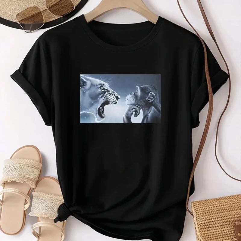 Fun Women Clothing Graphic T-shirt Rage Bait Lion Monkey Meme Trendy Street Style Short-sleeved Oversized T-shirt Fashion Y2K