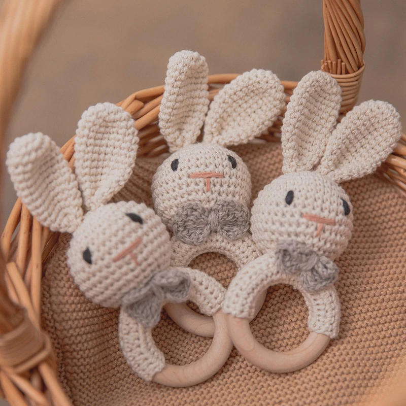 1pc Baby Crochet Rattle Wooden Teether Toy BPA Free Wood Rodent Rabbit Rattle Baby Mobile Play Gym New Born Educational Toys