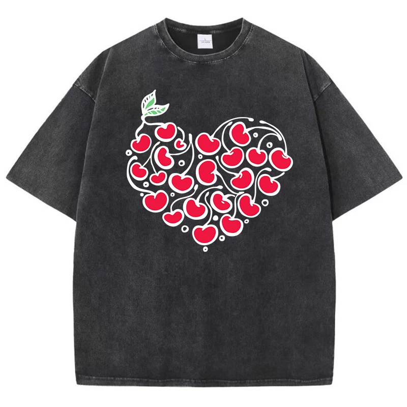 Surrounded By Heart-Shaped Cherries Print Men Washed T-Shirt Fashion Casual Tshirt Street Hip Hop Tops Summer Distressed Clothes