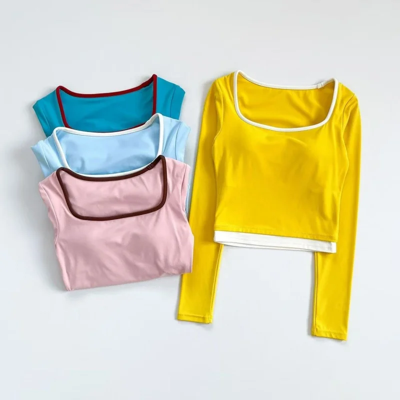 Women Cropped Long Sleeve Yoga Top Contrast Trim Built-in Bra 4 Way Stretch Quick Dry Autumn Winter Gym Pilates Activewear