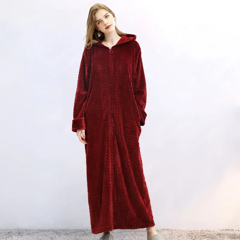 Winter Plus Size Hooded Zipper Long Warm Coral Fleece Bathrobe Women Thermal Flannel Bath Robe Shell Dressing Gown Sleepwear