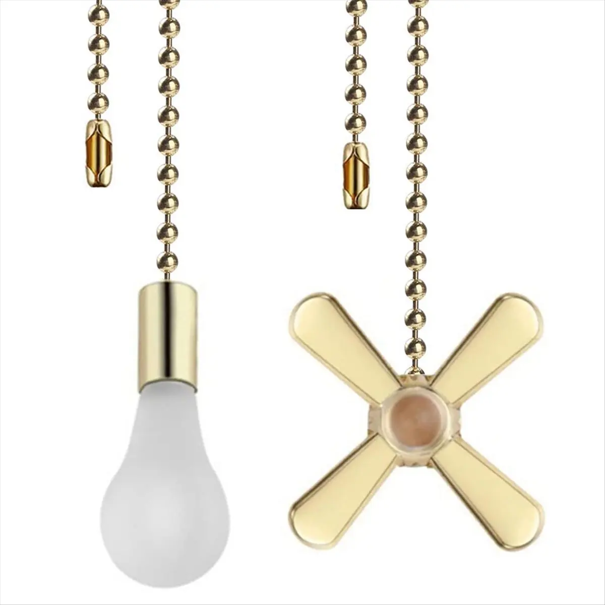 Ceiling Fan Pull Chains Set - 13.6 Inches, Copper, Fan & Light Bulb Design, 2 Pcs Gold