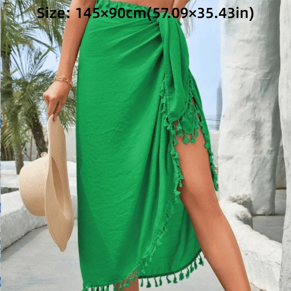 Solid Color Beach Wrap Skirt Quick Drying Tassel Trim Bikini Cover Up Knot Side Sheer Design Sarong Beach Towel view 6