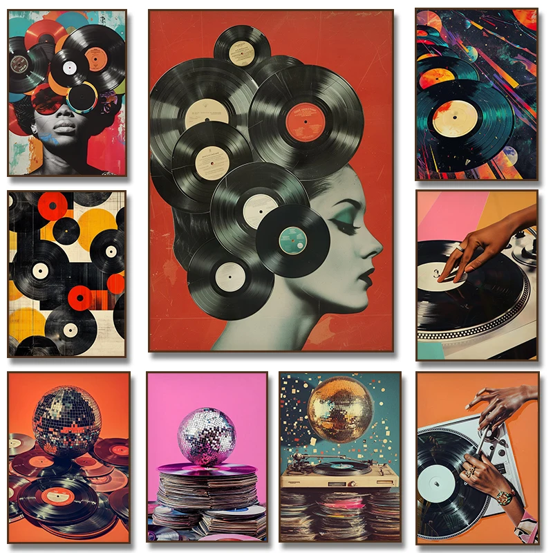 Vinyl Records Disco Ball Poster Print Wall Art Picture Vintage Music Lover Modern Trendy Canvas Painting Living Room Home Decor
