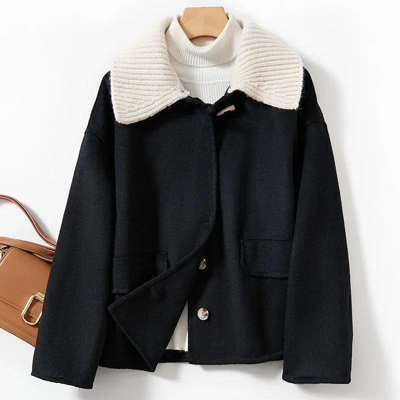 

Double-sided tweed coat women's removable knitted collar 2023 autumn and winter new wool jacket small women's clothing