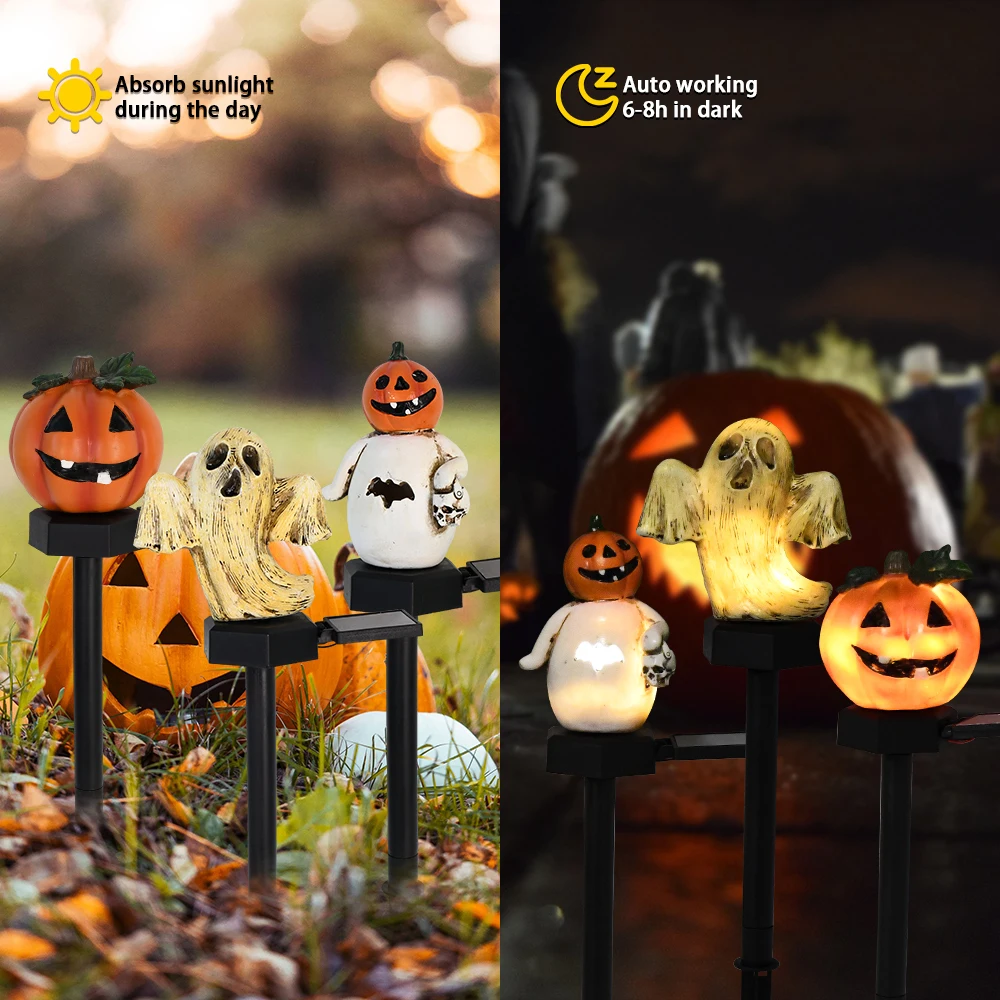 Cabeza de calabaza montada en el suelo Solar de tres piezas, fantasma, hombre de calabaza, luces de decoración de jardín, decoración de Ambiente de Festival de Halloween