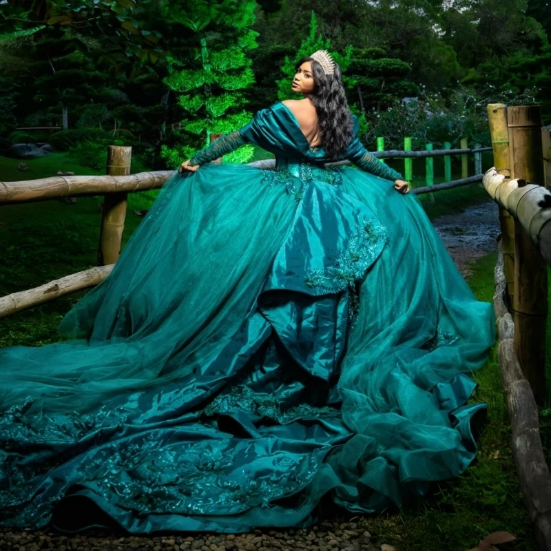 Dunkelgrüne Quinceanera-Kleider, schulterfrei, Applikation, Spitze, Perlenstickerei, Kristallschleife, Tüll, Party, Geburtstag, süßes 16-Kleid, Vestidos 15