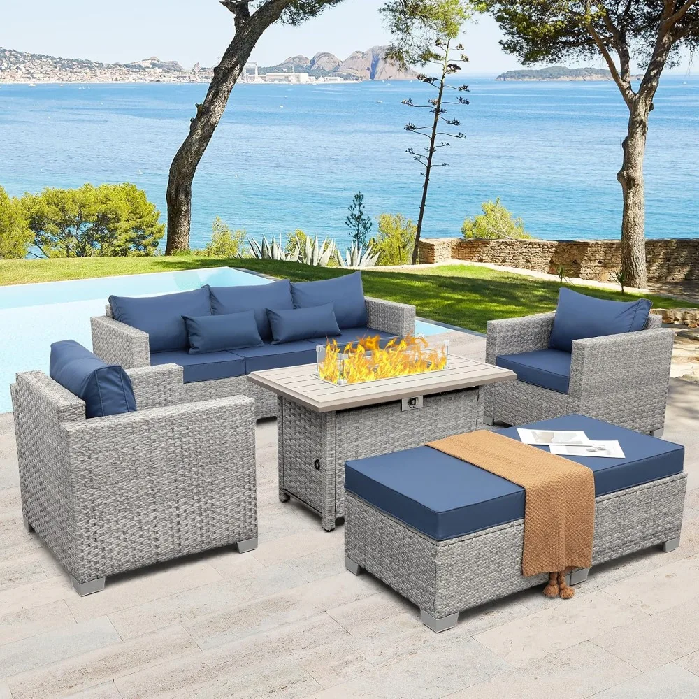 

Patio Furniture Set 6 Piece Grey Wicker Outdoor Furniture Patio Sectional Sofa Couch PE Rattan Conversation Sets with Fire Pit