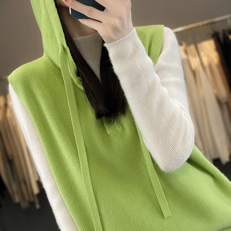 New Autumn Winter Merino Wool Hooded Pullover Women\'s Vest With Hood Sleeveless Vest Knitted Outerwear Fashion Soft Casual Style