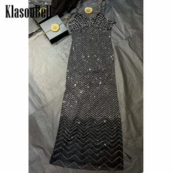 9.29 KlasonBell Women Fashion Bling Wave Diamonds Mesh Long Dress Sexy V-Neck Spaghetti Strap Temperament Banquet Party Dress