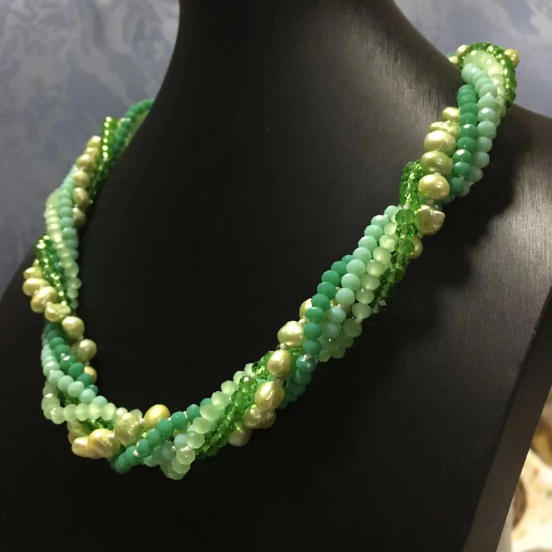 Natural Fresh Water Pearl Baroque Style Green Color Mixed With Crystal Necklace  For Women Fashion Jewelry Free Shipping