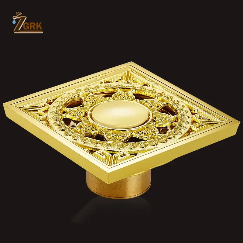 ZGRK Drains 10x10cm Square Gold Brass Bath Shower Drain Strainer Floor Cover Balcony Deodorant Grate Waste Bathroom Drains