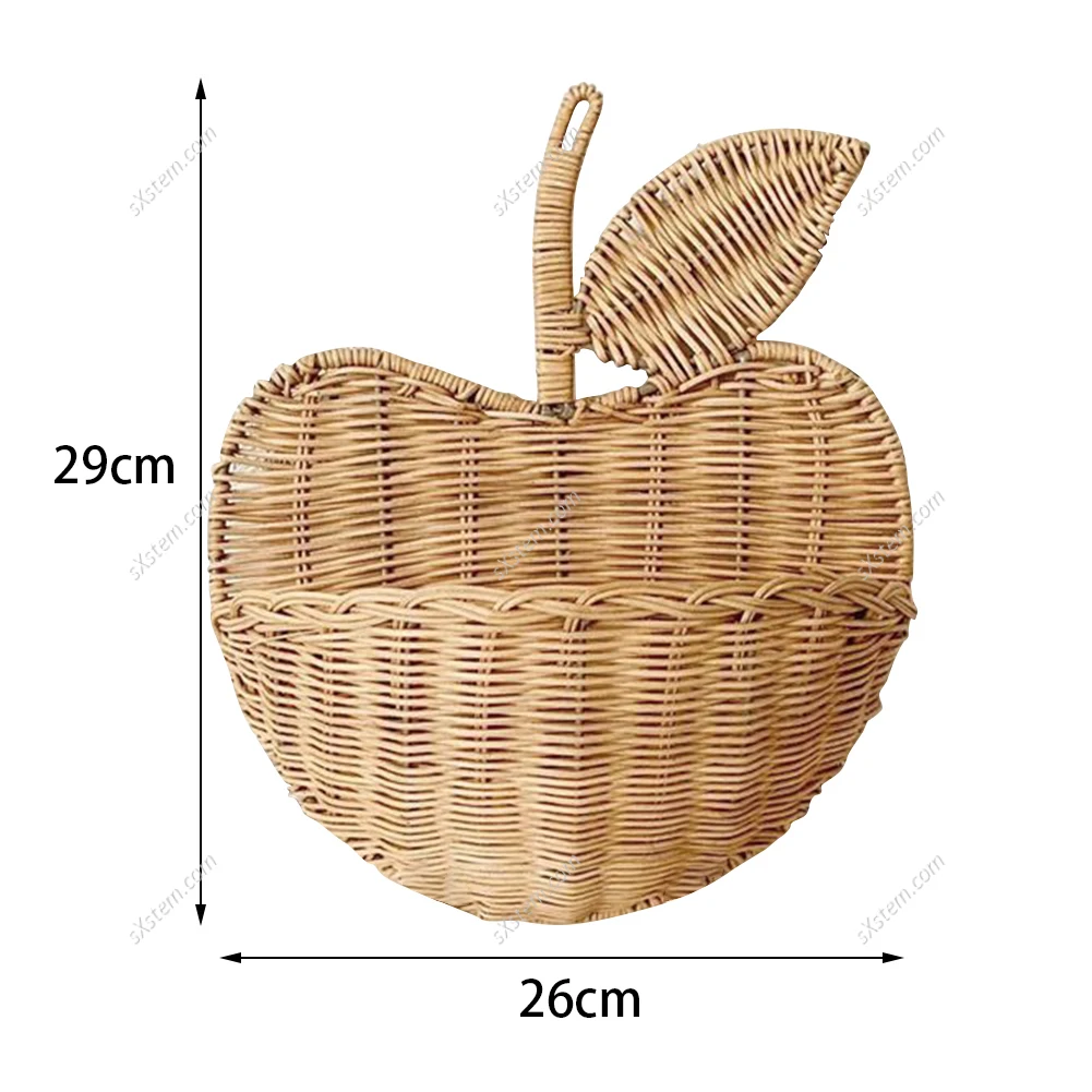 1Pcs Storage Basket  Handmade Rattan Woven Apple Shaped Hanging Woven Handle Toy Storage Container