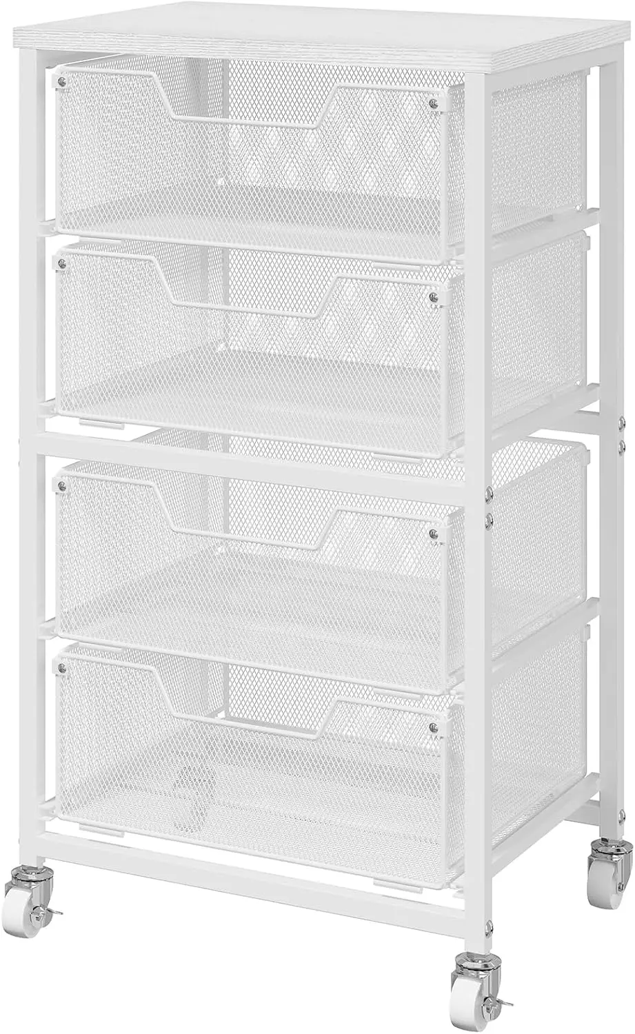 

White Metal Rolling Storage Cart with 4 Drawers, Wooden Top & Wheels for Art Supplies, Office, Kitchen
