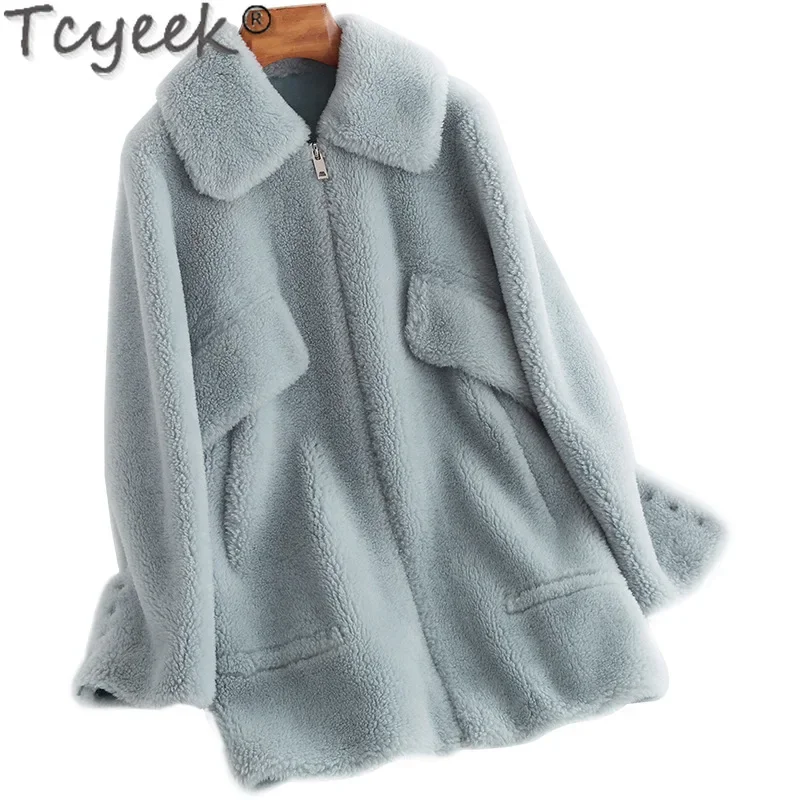 Tcyeek 100% jaqueta de lã grão ovelha shearling casaco das mulheres roupas jaquetas de inverno feminino meados de longo casaco de lã coreano casaco feminino