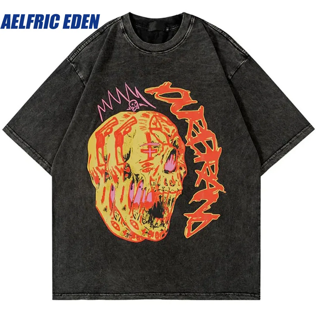 

Aelfric Eden Vintage T Shirt Hip Hop Skull Skeleton Zombie Print Washed Tshirt Harajuku Fashion Punk Gothic Casual Tees Tops