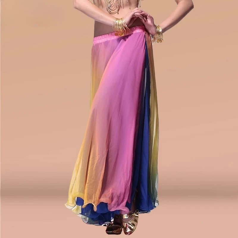 カスタマイズされたベリーダンス衣装グラデーションカラー二層スリットロールエッジスカートベリーカラフルなスリットスカートダンスビッグスイングスカート