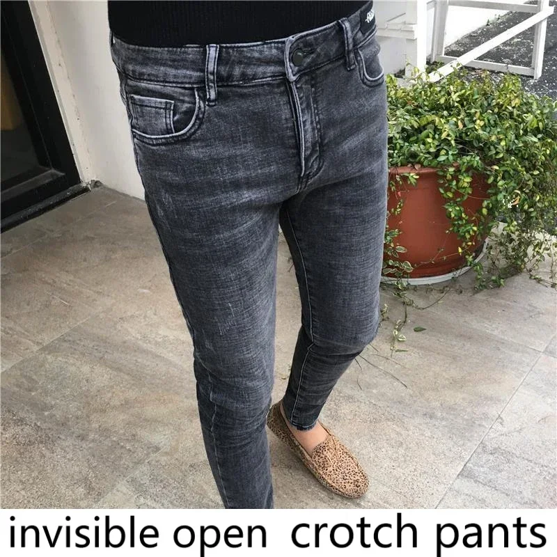 Pantalones de entrepierna abierta para hombre, Vaqueros ajustados de color gris ahumado, con cremallera Invisible, para pareja, salidas de citas,