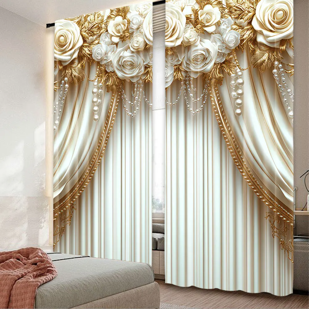 Cortina elegante con diseño de flores doradas para decoración del hogar, diseño de bolsillo con barra para dormitorio, oficina, cocina y ventana de estudio, 2 uds.