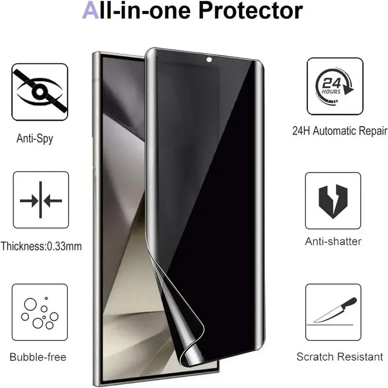 3 piezas de película de hidrogel de privacidad para Samsung S21 S23 S22 S24 S25Ultra FE S10 S9 Note 20Plus, sin desbloqueo por huella dactilar 3