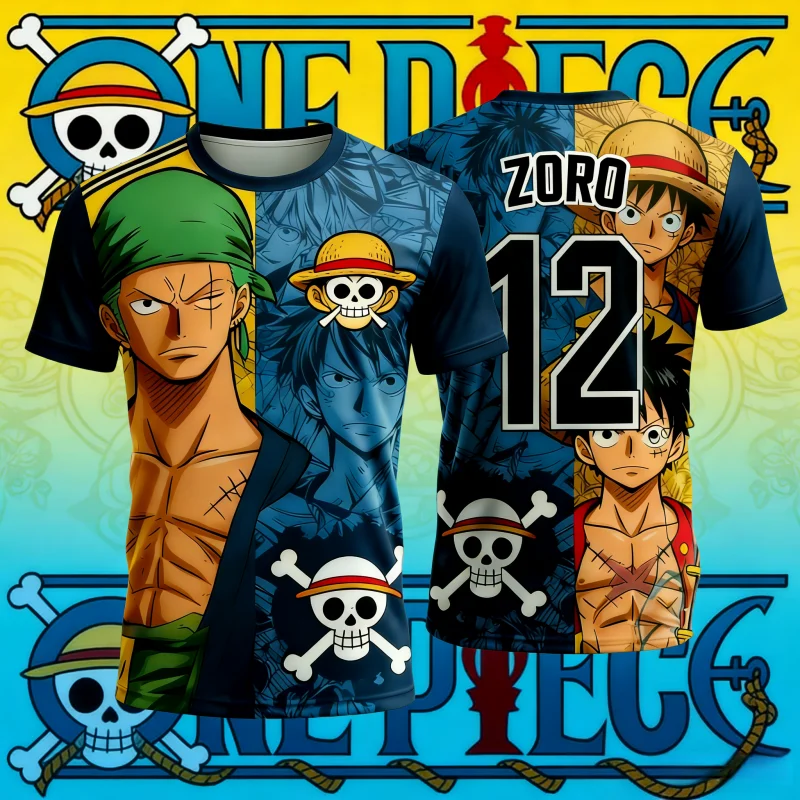 2026 Sommer One Piece Zoro & Luffy Nautisches Abenteuer Retro 3D-Druck T-Shirt für Anime-Fans Lässiges Sport-Oberteil Übergröße Y2k