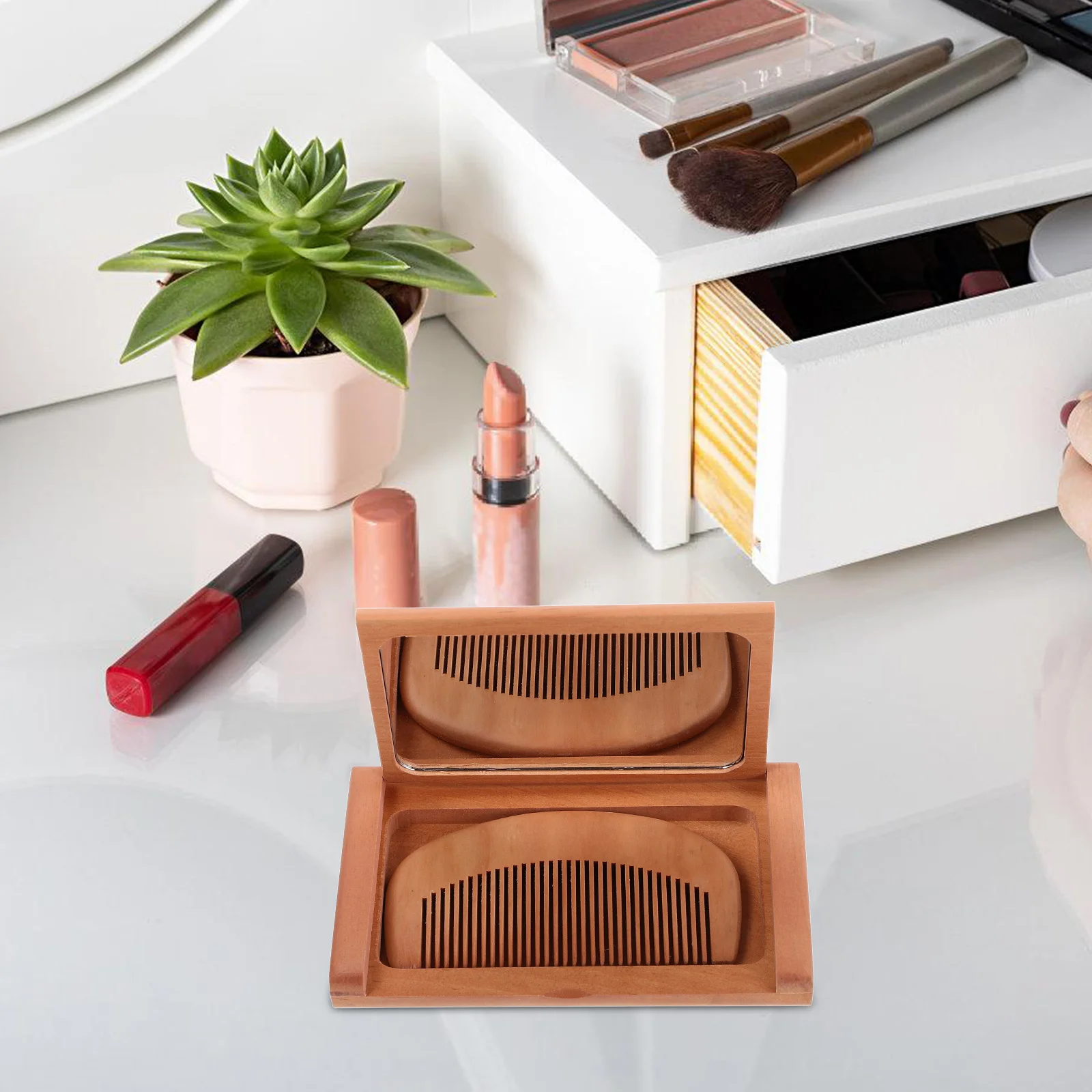 Houten opvouwbare spiegel H Compact Pocket Mini make-upspiegels Opvouwbaar houten frame Vintage make-up Duidelijkheid Vakmanschap Klein