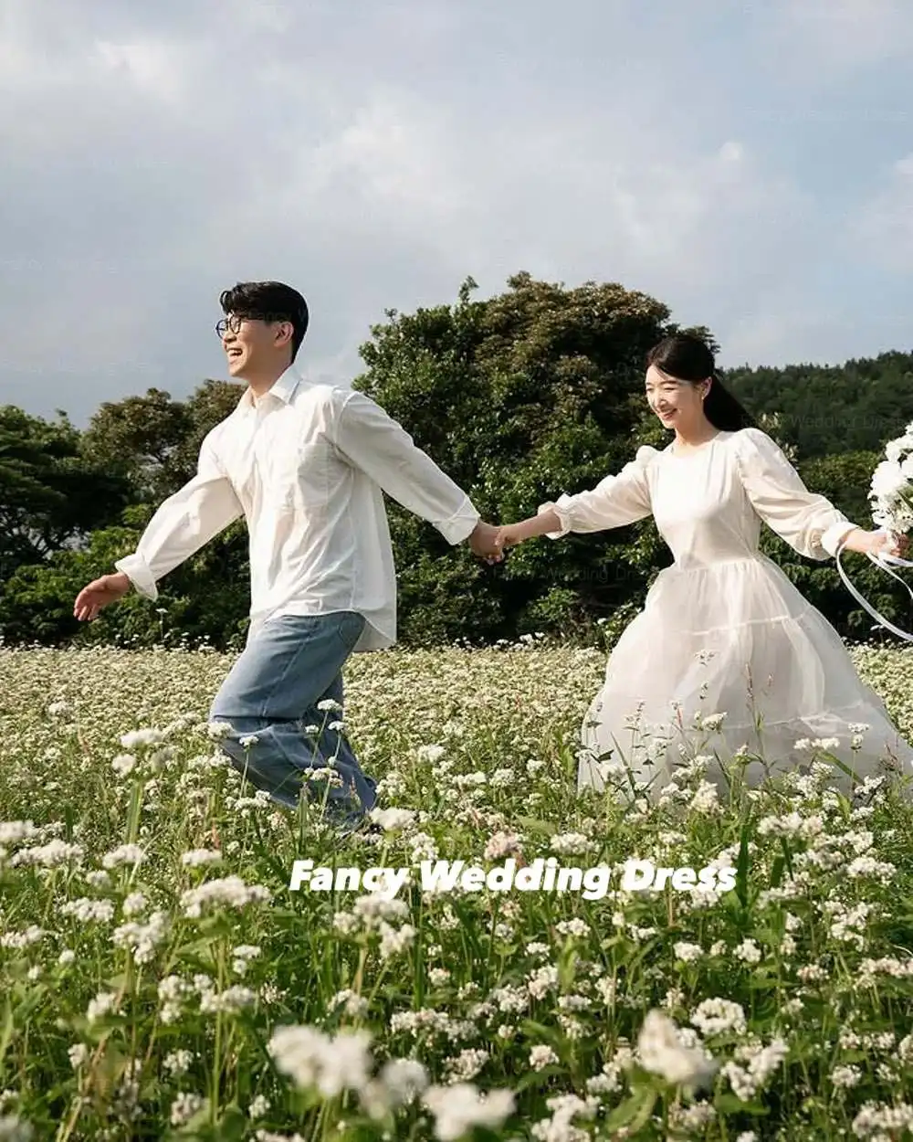 Abito da sposa da giardino estivo semplice e fantasia, servizio fotografico coreano, linea a tre quarti, abito da ballo, corsetto posteriore, cerniera personalizzata