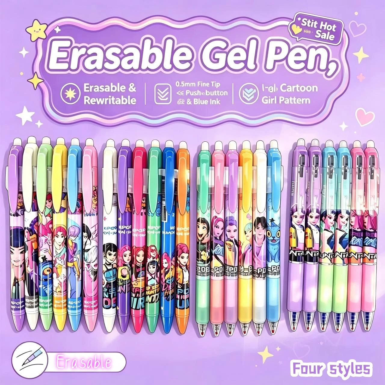Stylos effaçables sur le thème des chasseurs Anime Gilrs Lumi Mila Zoi, 0.5mm, noir et bleu, stylo Gel à pression, papeterie scolaire et de bureau, cadeau pour les Fans