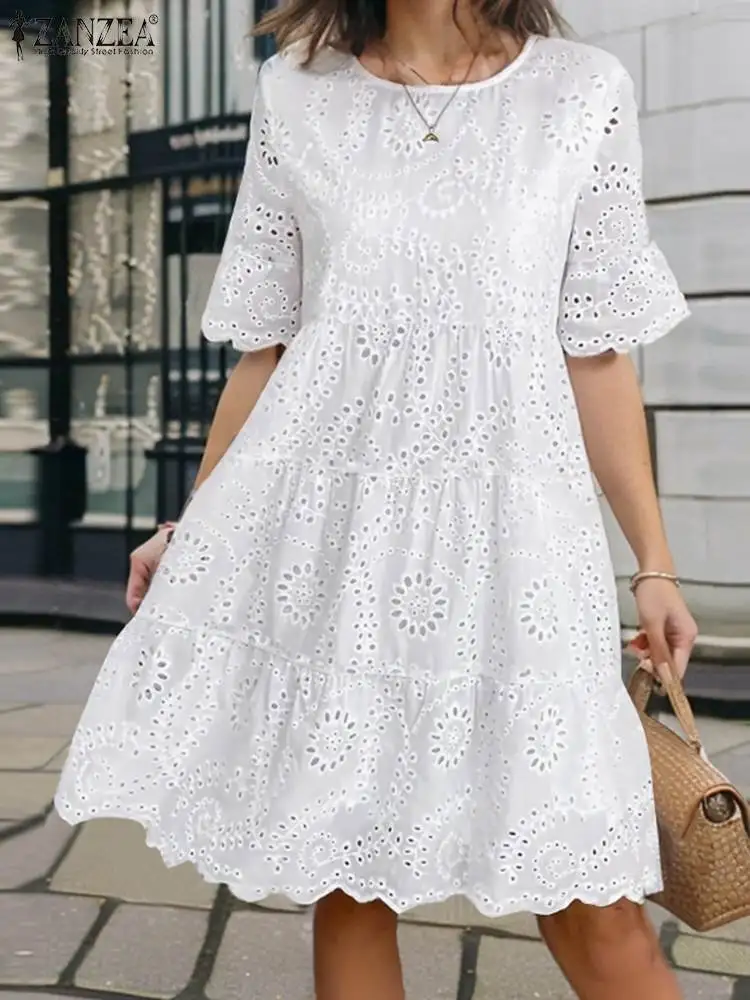 ZANZEA Summer Bohemian Holiday Lace Crochet Dress Women Short Sleeve Work Party Sundress 2024 Fashion A Line Loose Vestidos