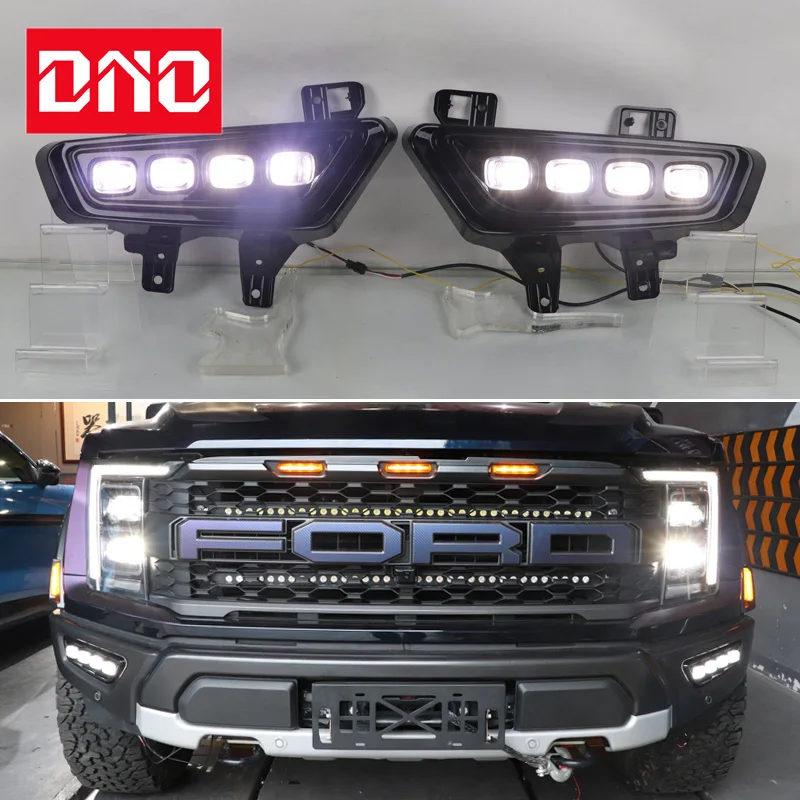 

Автомобильные светодиодные DRL дневные фонари для Ford Raptor SVT F-150 2022 2023, желтый указатель поворота, дневные ходовые фары, автосторонняя лампа, противотуманная лампа