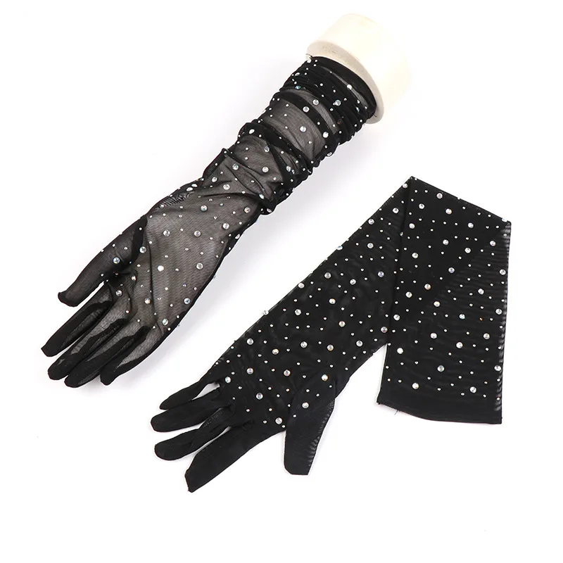 Sexy Black Silk Gloves 55cm Women\'s Thin Summer Driving Cycling Sun Protection Arm Sleeves Halloween Party Mesh Diamond Mittens