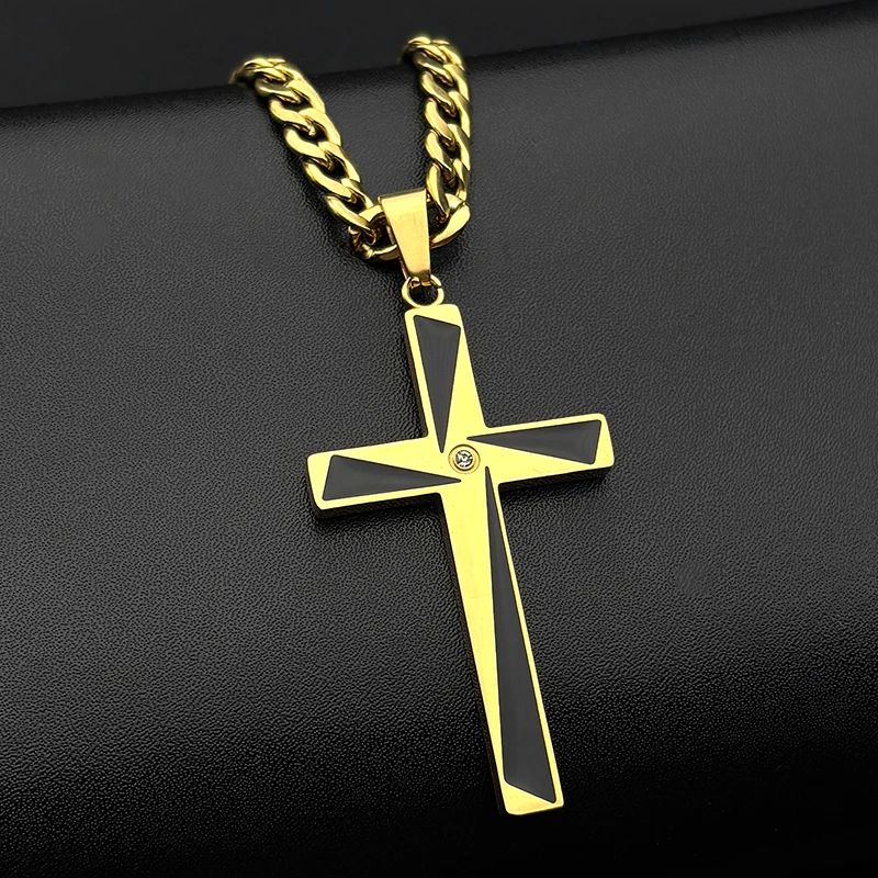 كريستيان الصليب الفولاذ المقاوم للصدأ يسوع المسيح الراين قلادة قلادة للرجال الذهب اللون الهيب هوب سلسلة القلائد مجوهرات #2