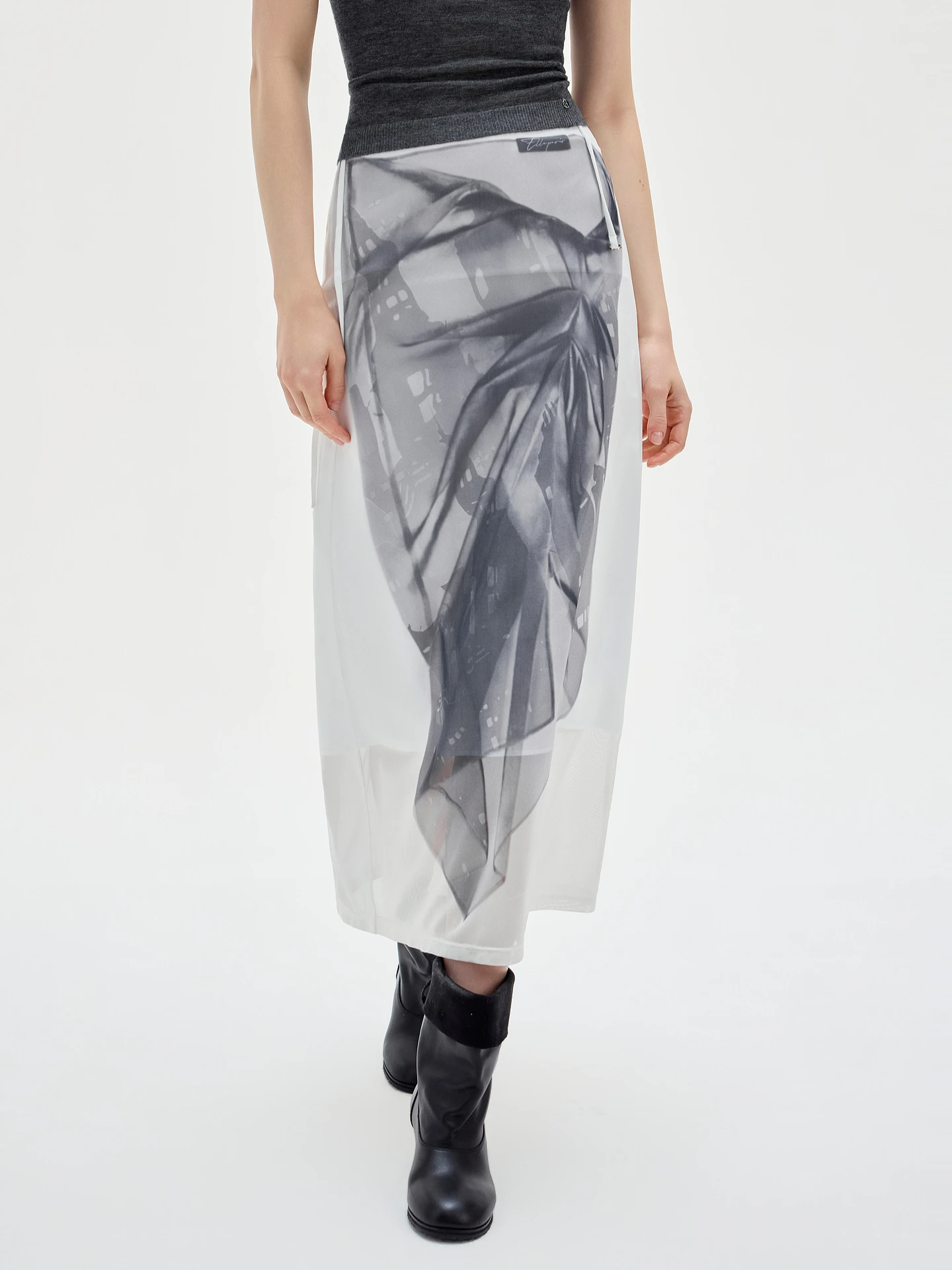 Modern ELLE Water-Media Print Mesh Half Skirt Women's Fashion Slim A-Line Long Skirt Summer New Style High Sensation Commute