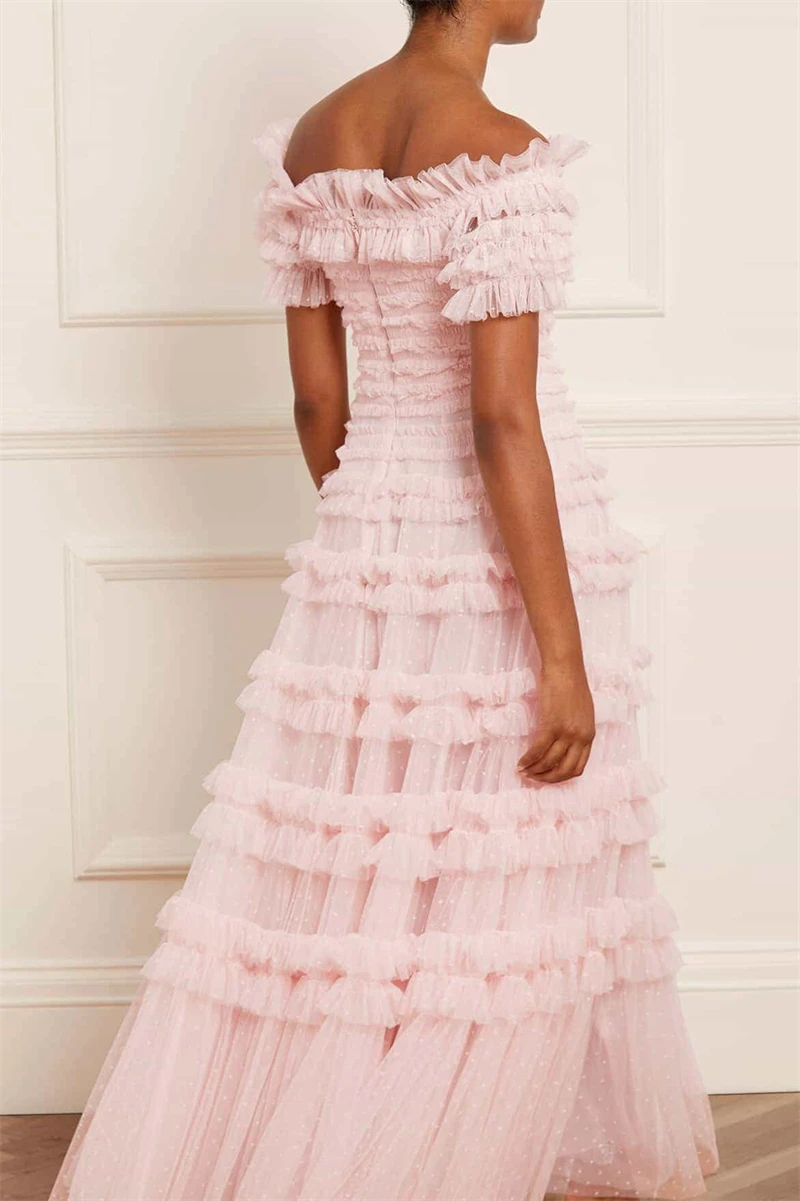 Modern Pink Dotted Tulle Tiered Prom Dresses Long Party Dress Women A Line Formal Evening Gowns Birthday Occasion Event Outfit