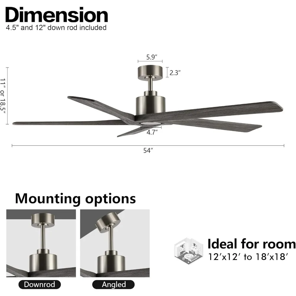 54 Inch Ceiling Fan without Lights, 5 Reversible Carved Solid Wood Blades, 6-Speed Noiseless Motor, Ceiling Fan No Light